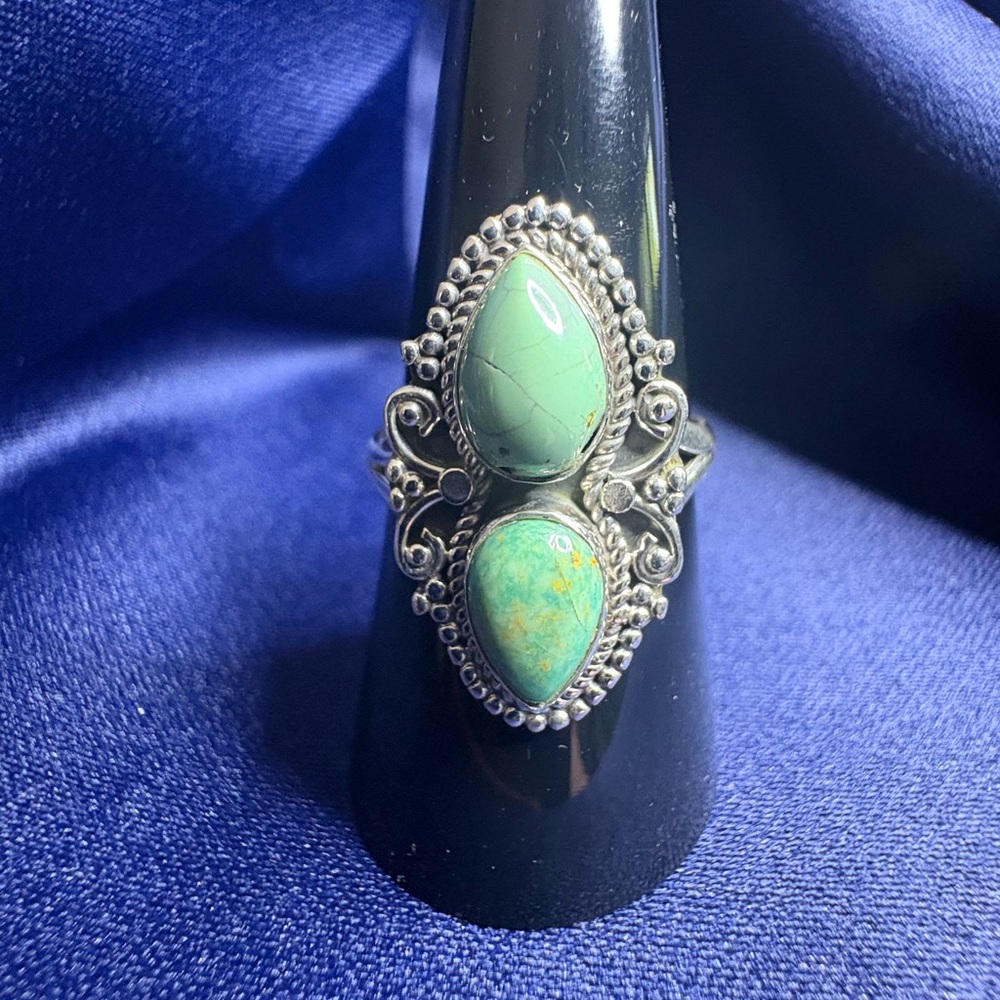 Sterling Silver Double Teardrop Turquoise Ring - Green Turquoise - Picture 2 of 5